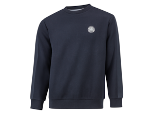 Navy sweatshirt. 56 % cotton / 42 % polyester / 2 % elastane. Round neck. Single-rib cuffs and hem. Attached wide and knitted band with a slight shine and zigzag structure on the sleeves. Modern fit. 3D badge with historic star in the chest area. Sizes XS-XXXL. Navy sweatshirt. 56 % cotton / 42 % polyester / 2 % elastane. Round neck. Single-rib cuffs and hem. Attached wide and knitted band with a slight shine and zigzag structure on the sleeves. Modern fit. 3D badge with historic star in the chest area. Sizes XS-XXXL.