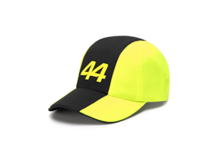 Cap, Hamilton, Mercedes-AMG F1. Black/yellow. 100% polyester. Print "44" on the front, MERCEDES-AMG PETRONAS FORMULA ONE TEAM logo on the back. Adjustable fit.