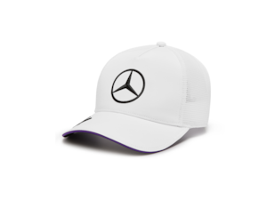 Cap, Lewis Hamilton, Mercedes-AMG F1. 100% polyester. Trucker style with mesh insert on the back. Mercedes star, MERCEDES-AMG PETRONAS FORMULA ONE TEAM logo and Lewis Hamilton Wings. Adjustable fit. White B6 799 9692. Black B6 799 9693. Purple B6 799 9694.