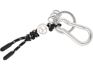 Key ring, cord. Black/silver. Stainless steel/nylon. Snap-hook. Large split ring with three additional mini split rings for the quick removal/replacement of individual keys. Length approx. 13 cm.