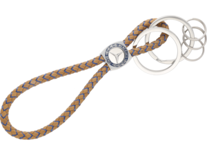 Key ring, CLASSIC, Elegance. Cognac/blue. Cowhide leather/nylon/stainless steel. Two large split rings. Three additional mini split rings for the quick removal/replacement of individual keys. Length approx. 14 cm.