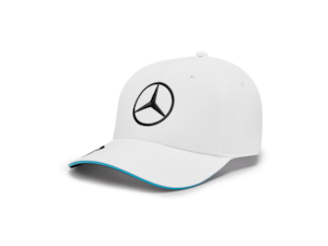 Cap, George Russell, Mercedes-AMG F1. 100% polyester. Mercedes star and number 63, MERCEDES-AMG PETRONAS FORMULA ONE TEAM logo. Adjustable fit. White B6 799 7599. Blue B6 799 8109.