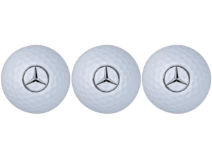 Golf balls, set of 3. White. Surlyn (shell), rubber (core). 3-piece tour ball for optimised ball flight, greater ball speed and width. 332 dimples. Compression 75-85. COR value >0.79. Hardness 55 +/-5. Mercedes-Benz logo.