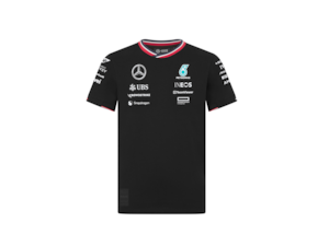 Children's T-Shirt, Driver, Mercedes-AMG F1. Black. 100% cotton. V-neck with stripe details. Team and partner logos on the front, back and sleeves. Sizes 92-164.