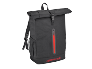 AMG roll-top rucksack. Black/red. Outer material 100% polyester with and without ripstop, inner lining 100% polyester. Can be rolled up. Large main compartment and inside compartment with zip. Elastic loop for beverage bottles. Handle made of webbing. Padded, adjustable shoulder straps with adjustable chest strap. Padded rear section. Red AMG logo print. Red diamond-shaped patches on shoulder straps. Inner lining with tonal AMG diamond pattern. Metal zipper with AMG logo. Dimensions approx. 17 x 30 x 50 cm (63 cm when unrolled).