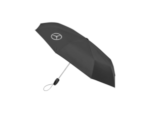 Compact umbrella. Black. Steel/polyester. Plastic handle with iconic design. Set of 8. Automatic opening and closing. Wrist loop. Matching cover. Windproof design. Special water and dirt-repellent coating. 4C heat print logo print. When open, approx. 97 cm in diameter; length when closed, approx. 34 cm.