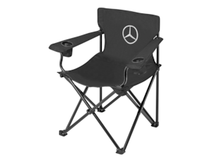 Folding chair. Black. Steel tube frame. Armrests with integrated drinks holder. Up to 160 kg. Embroidered Mercedes star on the front, embroidered Mercedes-Benz lettering on the rear. Made for Mercedes-Benz by BRUNNER. Dimensions when packed approx. 17 x 97 cm, dimensions when assembled approx. 90 x 60 x 50/90 cm, weight approx. 4.5 kg.