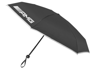 AMG compact umbrella. Black/white. Aluminium/steel/polyester. Opened manually. Handle loop. With matching EVA case. Open case, approx. 90 cm in diameter; closed case length approx. 20 cm.