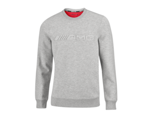 AMG sweatshirt. Unisex. Grey blend. 65% polyester/30% viscose/5% elastane. Crew neck. Red crescent on the inside of the neck. Neck, seam and cuffs with single rib. A raised AMG 3D logo on the chest as well as the black neck band with interwoven white AMG logo round off the design. Modern fit. Sizes: XS-XXL.