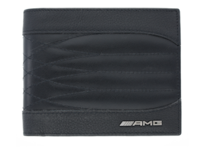 AMG wallet. Black. Cowhide with original seat pattern quilting. RFID protection. Various note, coin, card compartments and slots. Dimensions approx. 12 x 2 x 9.5 cm.