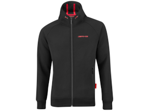 Men's AMG sweat jacket. Black with red contrasts. Outer material 65% polyester/35% viscose, lining 100% polyester. Hood with adjustable drawstring. Front zipper. Zipped side pockets. Sleeves and hem rounded off with single rib. Slim fit. Black, raised AMG logo print on rear. Sizes: S-XXL.