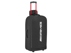 AMG trolley bag. Black. 70% PVC/30% polyester, lining 100% polyester. Water-repellent. Stowable red double-tube telescopic handle. Two large rolls with optimum grip on the ground. Spacious, lockable main compartment with compression strap. Two mesh zip-fastener pockets under the flap. Padded grab handles. Dimensions approx. 70 x 38 x 33 cm, capacity approx. 87 l.