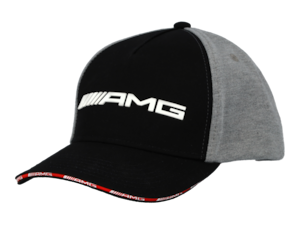 Children's AMG cap. Black/grey blend. Outer material and lining 100 % cotton, side and back panels 60 % polyester/40 % cotton. Rubber-coated white 3D AMG logo print. Red inner straps with white AMG logo print. Adjustable fit.