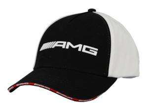 AMG cap. Black/white. 100% cotton. 5-panel baseball cap. Rubber-coated white 3D AMG logo print. Red inner straps with white AMG logo print. Adjustable fit.