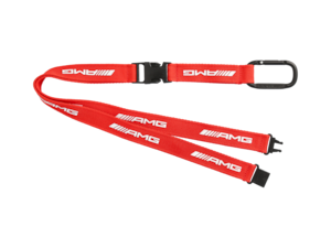 AMG lanyard. Red. 100% polyester. Snap hook. Click-lock fastener. White AMG logo on the strap, embossed AMG logo on the snap-hook. Length approx. 52 cm, width approx. 2 cm.