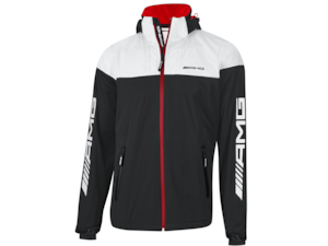 AMG men's softshell jacket. black/white, Outer material 49% polyester/34% polyamide/17% polyurethane, inside made from light jersey. Breathable, wind- and waterproof.Detachable hood with adjustable drawstring. chin protection. Side pockets and laminated inner pocket. Cuffs with adjustable antistick Velcro fastener. Hem with adjustable drawstring. Elastic inner cuffs with thumb hole. Slim-fit. Large AMG logo print in white on the sleeves as well as a black rubber-coated AMG 3D print on the chest. Sizes XS-XXXXL.