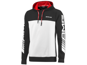 AMG sweat hoodie. Unisex. Black/white. 80% polyester/15% viscose/5% elastane. Padded hood. Single-rib cuffs and hem. Slim fit. Woven white AMG logo on neck band. White AMG logo print on sleeves. White AMG 3D logo print on chest. Sizes XS-XXXXL.