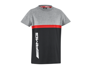 AMG children's T-shirt. Black/grey blend/red. 100% cotton. Modern fit. Red neckband with woven white AMG logo, large white AMG logo print on the side, white 3D AMG logo print on the back section. Sizes 116/122-152/158.