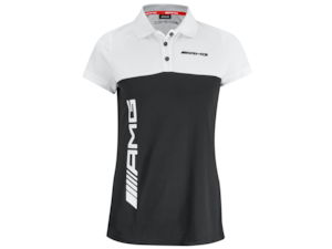 AMG ladies' polo shirt. Black/white. 100 % PES COOLMAX® CORE technology. Absorbent. Quick dry features. Single-rib polo neck. 3-hole button fastening. Sleeves and hem with tonal double seam. Side vents. Slim fit. White AMG logo on neck band. White AMG logo print on side of front. Black 3D AMG logo print on chest area and back. Sizes XXS-XL.