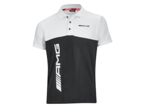 AMG men's polo shirt. Black/white. 100 % PES COOLMAX® CORE technology. Absorbent. Quick dry features. Single-rib polo neck. 3-hole button fastening. Sleeves and hem with tonal double seam. Side vents. Slim fit. White AMG logo on neck band. White AMG logo print on side of front. Black 3D AMG logo print on chest area and back. Sizes XS-XXXXL.