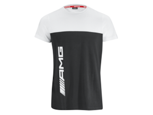 AMG men's T-shirt. Black/white. 100% cotton. Single-rib neckline. Sleeves and hem with tonal lockstitch seam. Slim fit. White AMG logo on neck band. White AMG logo print on side of front. Black 3D AMG logo print on back. Sizes XS-XXXXL.