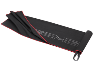 AMG functional towel. Black/red. 100% polyester. Elastic black/red suspension strap AMG outline logo embossing. Size approx. 120 x 60 cm.