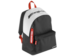 AMG rucksack. Black/white/red. 100% polyester. Main compartment with 2-way zip. Zipped front pocket. Laptop compartment. Adjustable, padded shoulder straps. Padded back section. Loop. Removable snap hook. Dimensions approx. 31 x 19 x 41 cm.