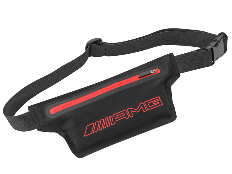 AMG running belt. Black/red. 82% polyamide/18% elastane. Zipped pocket with headphone outlet. Adjustable width. Red AMG logo print. Dimensions approx. 26 x 11 cm.