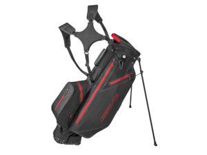 AMG golf stand bag. Black/red. 100% polyamide. 5 club compartments. Various pockets. Insertion pocket for pens. Towel clip. Padded, length-adjustable shoulder straps. Removable rain hood. Dimensions approx. 38 x 20 x 92 cm. Weight approx. 2.4 kg.