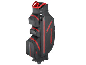 AMG golf cart bag. Black/red. 100% polyamide. 14 club compartments. Various pockets. Insertion pocket for pens. Towel clip. Padded, adjustable shoulder strap. Dimensions approx. 36 x 22.5 x 91.5 cm. Weight approx. 2.3 kg.