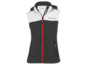 AMG women's softshell waistcoat. 49% polyester/34% polyamide/17% polyurethane. Windproof. Breathable. Zip-off hood with drawstring for width adjustment. Waterproof front zip. Side pockets with waterproof zips and laminated inner pocket on the left with bonded zip and multimedia cable opening. Hem with elastic cord for width adjustment. Slim fit. Black 3D AMG logo print on left chest, vertical white AMG logo print on back. Sizes XXS-XL.