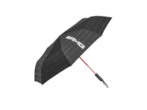 AMG compact umbrella. Black/red. 100% polyester. Ergonomically shaped handle. Automatic opening. Case with decorative band in red with printed white AMG logo. Open case diameter approx. 107 cm. Closed case length approx. 34 cm.