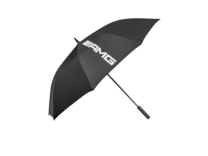 AMG Guest Umbrella. Black/red. 100% polyester. Ergonomic handle with soft-feel coating and leather cover based on the design of the Mercedes-AMG GT. Automatic opening. Shoulder straps. Diameter when open approx. 156 cm. Length when closed approx. 98 cm.