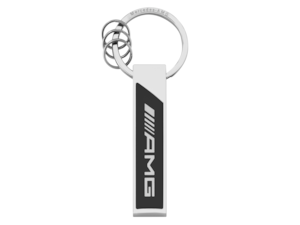 AMG keychain, logo. Silver/black/white. Stainless steel. Split ring with three additional mini split rings for quick removal/replacement of individual keys. Length approx. 8.5 cm.