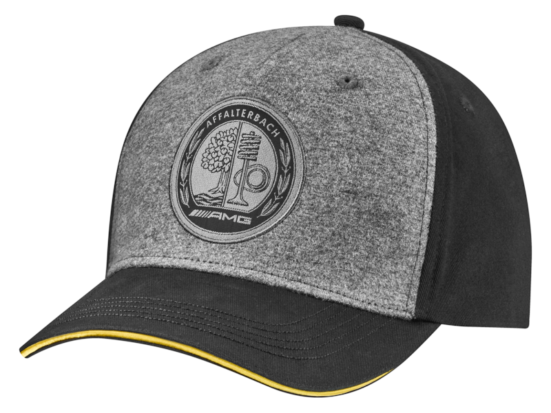 AMG cap. Black/grey blend. 100% cotton. 5-panel baseball cap. Silver-coloured adjustment clip. Tonal Affalterbach crest badge at front, embroidered silver AMG Classic logo at rear.