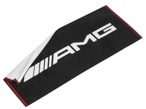 Beach towel. Black/white/red. 100% cotton. Large woven AMG logo. Black hanger with white woven-in AMG logo and MÖVE logo. Made for Mercedes-Benz by möve. Size approx. 80 x 180 cm.