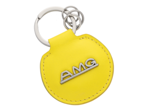 AMG keychain, Classic. Yellow/silver. Leather/stainless steel. Split ring with three additional mini split rings for quick removal/replacement of individual keys. Length approx. 7 cm.