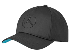 Cap. Black/turquoise. Outer material 100% polyester (recycled), lining 65% polyester/35% cotton.5-panel baseball cap. Side and rear panels made of mesh material. Inner straps in turquoise, underside of vizor printed in turquoise with tonal star pattern. Tonal embroidered Mercedes star. Adjustable fit.