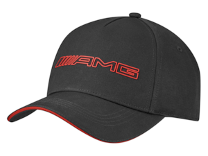 AMG cap. Black/red. Outer material 100% polyester (recycled), lining 65% polyester/35% cotton.5-panel baseball cap. Rubberized red 3D AMG logo on front. Adjustable fit.