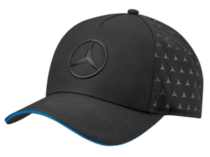 Cap. Black. Outer material 100% polyester (recycled), lining 65% polyester/35% cotton. 5-panel cap. Side and rear panels with tonal Mercedes-Benz pattern. Rubberised black 3D star. Adjustable fit.