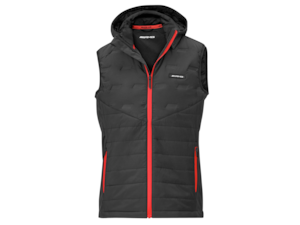 Men's AMG hybrid gilet. Black/red. 100% polyester. Detachable, zippered, wadded, quilted and diamond-patterned hood, size-adjustable. Inside pocket with zip fastener. Collar ends stored in the collar with Velcro fastening. Chin guard. Adjustable hem width. Various pockets. Slim fit. Zip puller with 3D AMG logo, black plastic badge with white 3D AMG logo in chest area, 3D AMG diamonds on sleeve hem, red neckband with black AMG logo. Size XXS-XXXL.