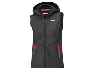 Women's AMG hybrid gilet. Black/red. 100% polyester. Detachable, zippered, wadded, quilted and diamond-patterned hood, size-adjustable. Inside pocket with zip fastener. Collar ends stored in the collar with Velcro fastening. Chin guard. Adjustable hem width. Various pockets. Slim fit. Zip puller with 3D AMG logo, black plastic badge with white 3D AMG logo in chest area, 3D AMG diamonds on sleeve hem, red neckband with black AMG logo. Size XS-XL.