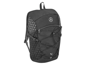 Rucksack. Black. 100% polyester. Various compartments. Adjustable rubber straps. Padded shoulder straps. Chest strap. Padded back section. Mercedes-Benz pattern print on the side parts. Made for Mercedes-Benz by PUMA. Dimensions approx. 48 x 16 x 30 cm, capacity approx. 21 l.