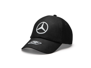 Cap, George Russell, Team, Mercedes-AMG F1. Black.100% polyester. 6-panel baseball cap with Mercedes star, Mercedes-AMG F1 team logo, George Russell number 63 as well as various other partner logos.