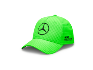 Cap, Lewis Hamilton, Mercedes-AMG F1. 100% polyester. 5-panel baseball cap to celebrate the 10th anniversary of Lewis Hamilton being a Mercedes-F1 driver (2013-2023) with a Mercedes star, Mercedes-AMG F1 team logo, Lewis Hamilton Wings as well as various other logos. Dog's tooth pattern created from Hamilton's number 44. Size adjustable. B6 799 7534 VOLT GREEN.