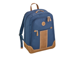 Backpack. Blue/cognac. Outer material 100% polyester (recycled), inner lining 100% polyester (recycled), applications made of vegetable tanned cowhide leather. Various compartments. Padded shoulder straps. Grab handle made of leather. Strap for fastening to luggage. Inner lining with printed laurel pattern, leather badge with imprint: historical star. Dimensions approx. 30 x 14 x 40 cm.