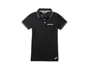 Women's polo shirt. Black with white details. 100% cotton piqué. AMG logo embroidered on collar band. Slightly tapered form. Sizes XS–XL.