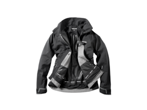 Men’s performance jacket. Black. 100% polyester. Breathable, wind and water-repellent. Hood can be detached and packed away into the collar. Two-way zips for underarm ventilation. Inside pocket for mobile phone. AMG logo print on front and on inside of nape. sizes S–XXL.