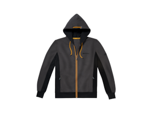 Men's sweat jacket, Mercedes-AMG GT. In selenite grey with black and solarbeam yellow contrasts. 73% cotton/27% polyester. Drawstring hood. Two side pockets. Slim Fit. Black 3D AMG logo embroidered on left front. Sizes S-XXL.