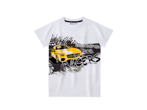 Children's T-shirt, Mercedes-AMG GT. 100% cotton. Single-rib crew neck. Slightly tapered form. Printed motif of a Mercedes-AMG GT. AMG logo printed in nape, large AMG logo printed on back. Sizes 116/122- 152/158. red B6 695 2943-2946. white B6 695 3037-3040